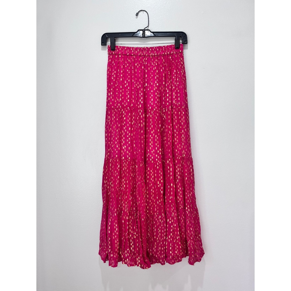 Victoria Dunn Maxi Skirt Pink Gold Metallic Tiered Boho Festival Size S